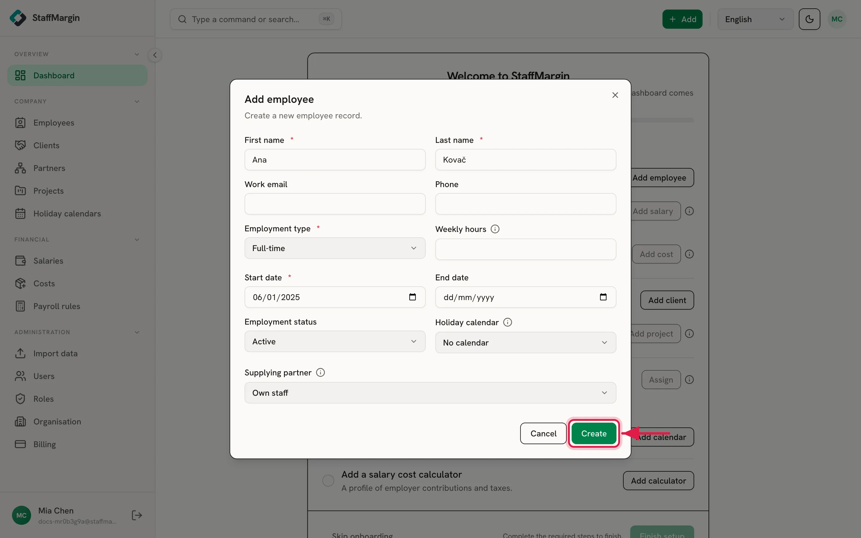 The Add employee dialog with first name, last name, employment type and start date filled in, the Create button highlighted