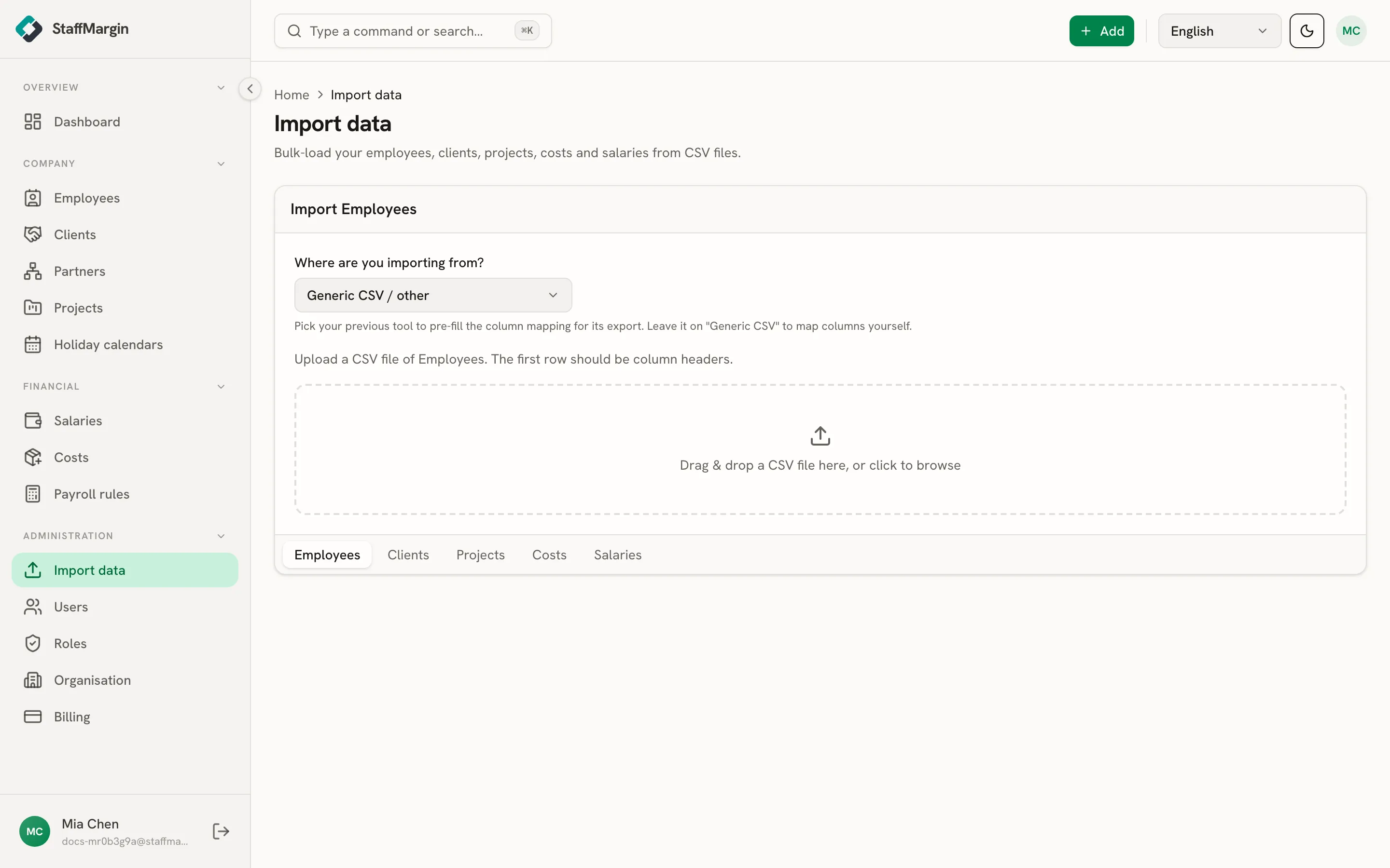 The Import data page with the entity options and CSV upload
