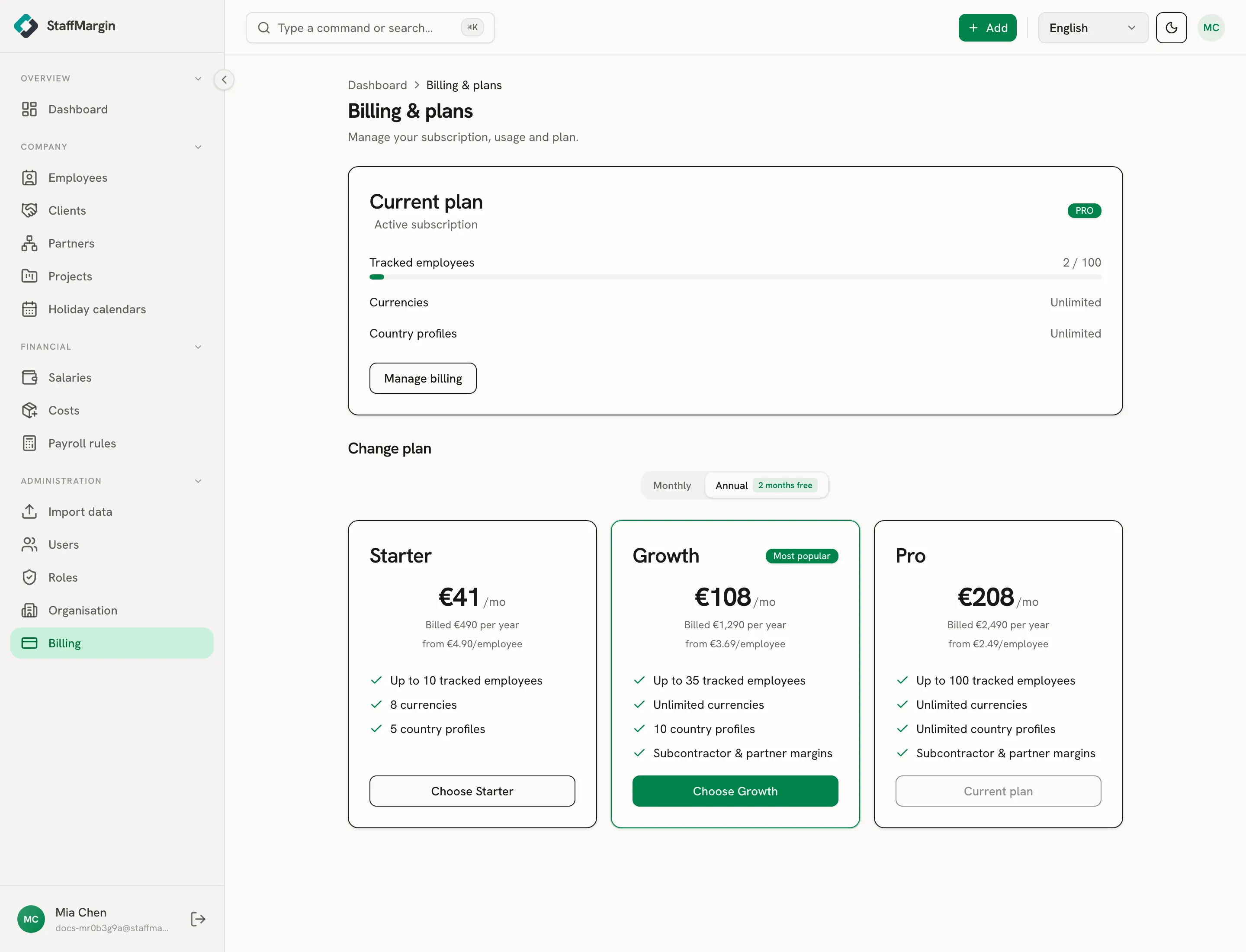 The billing page showing the current plan and its features