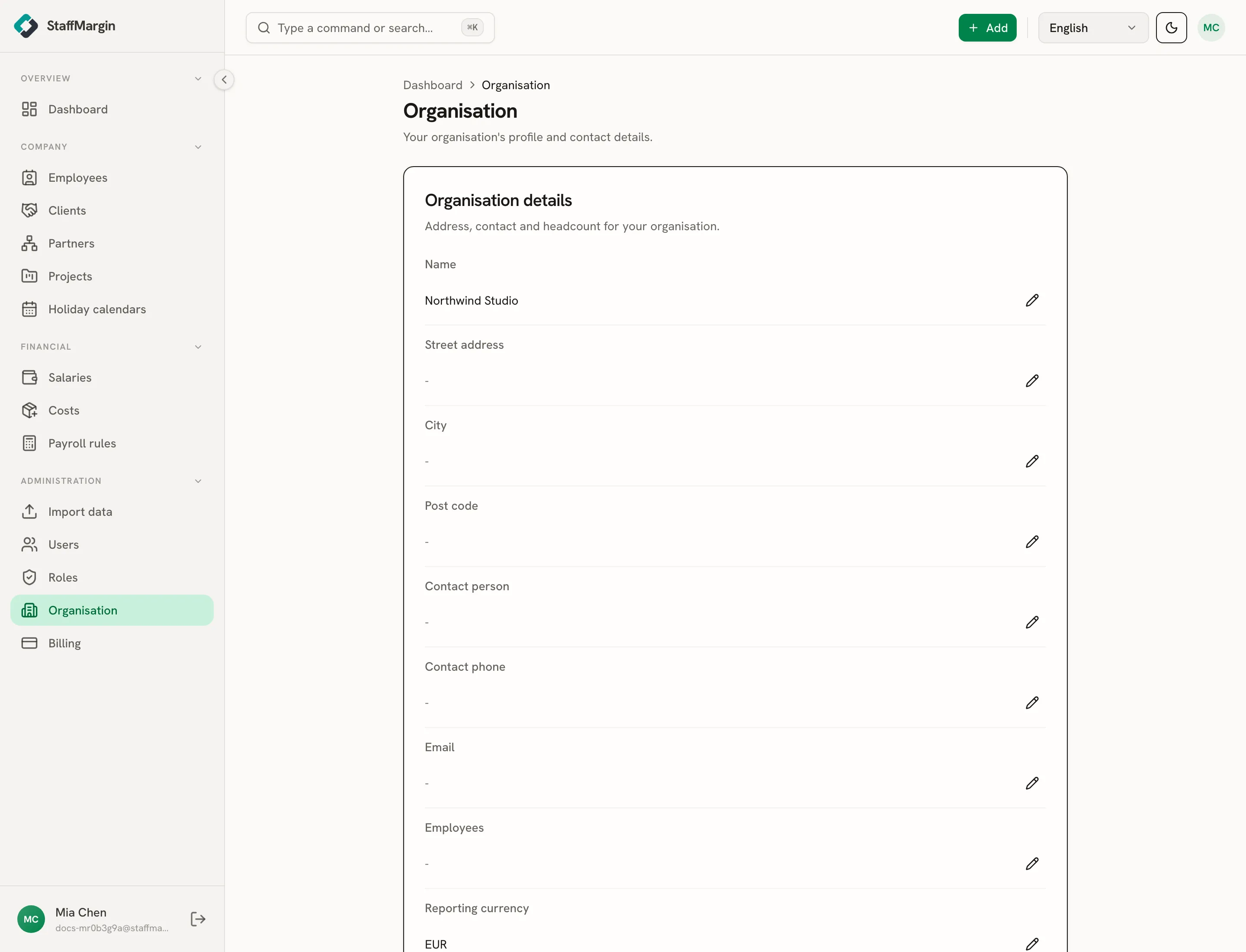 The Organisation settings page with the profile and contact fields