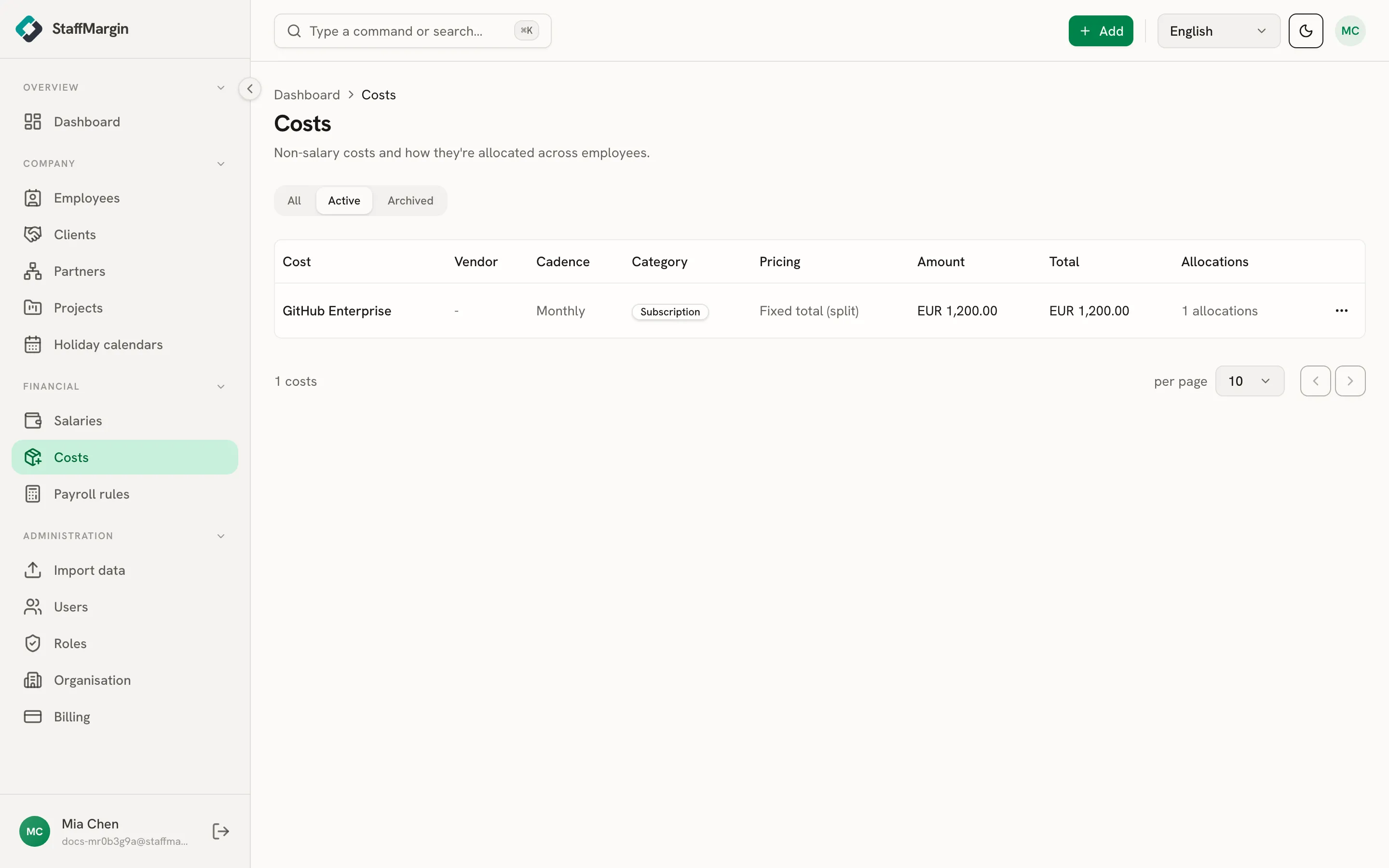 The Costs table showing each cost, its category, pricing, amount and allocation status
