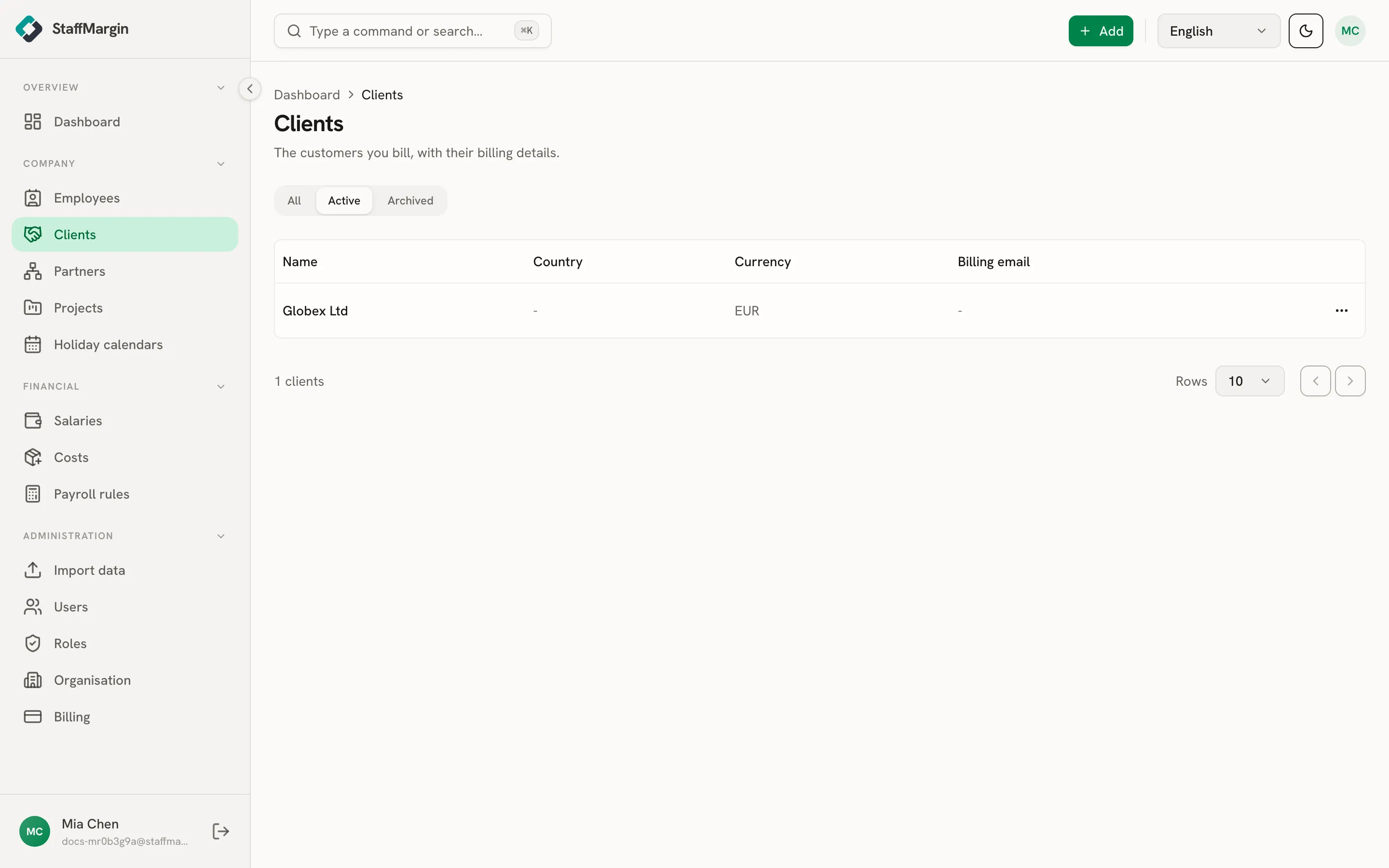 The Clients table showing name, country, currency and billing email
