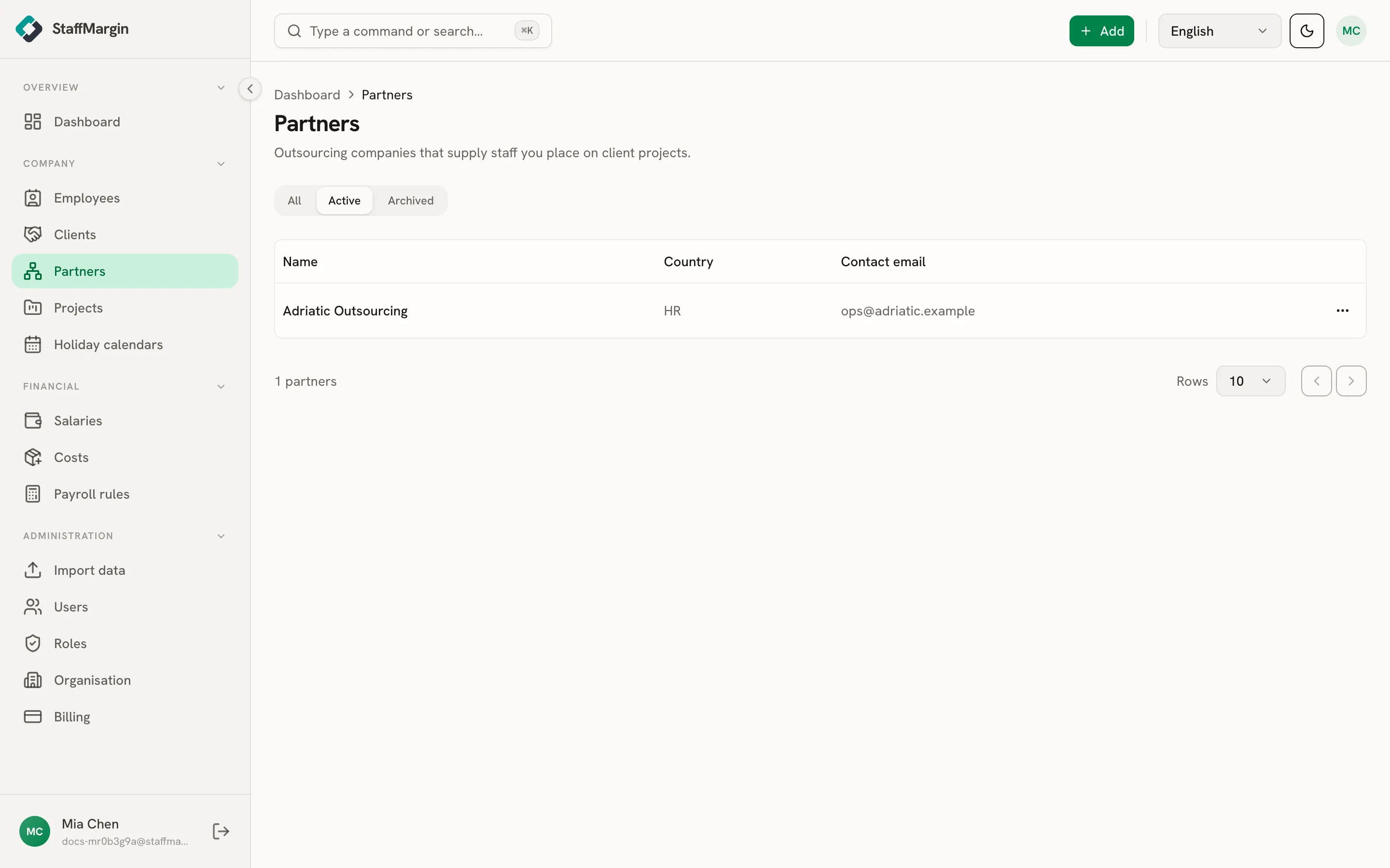 The Partners table showing name, country and contact email