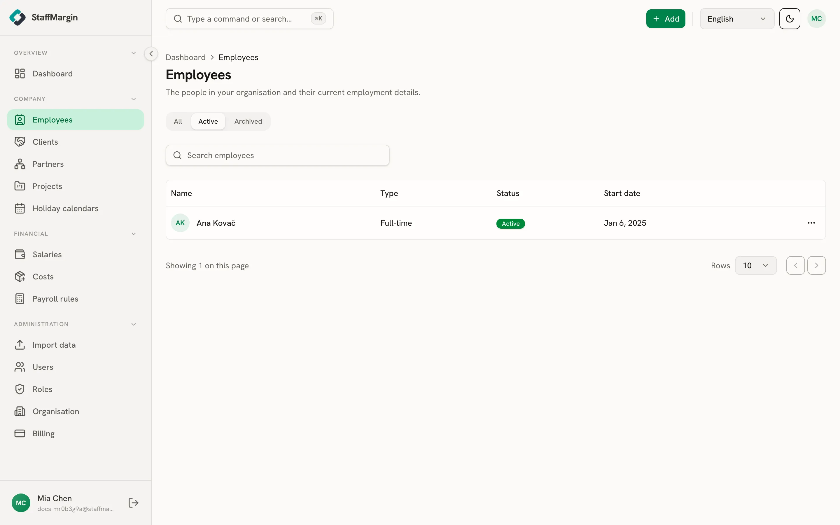 The Employees table showing name, type, status and start date