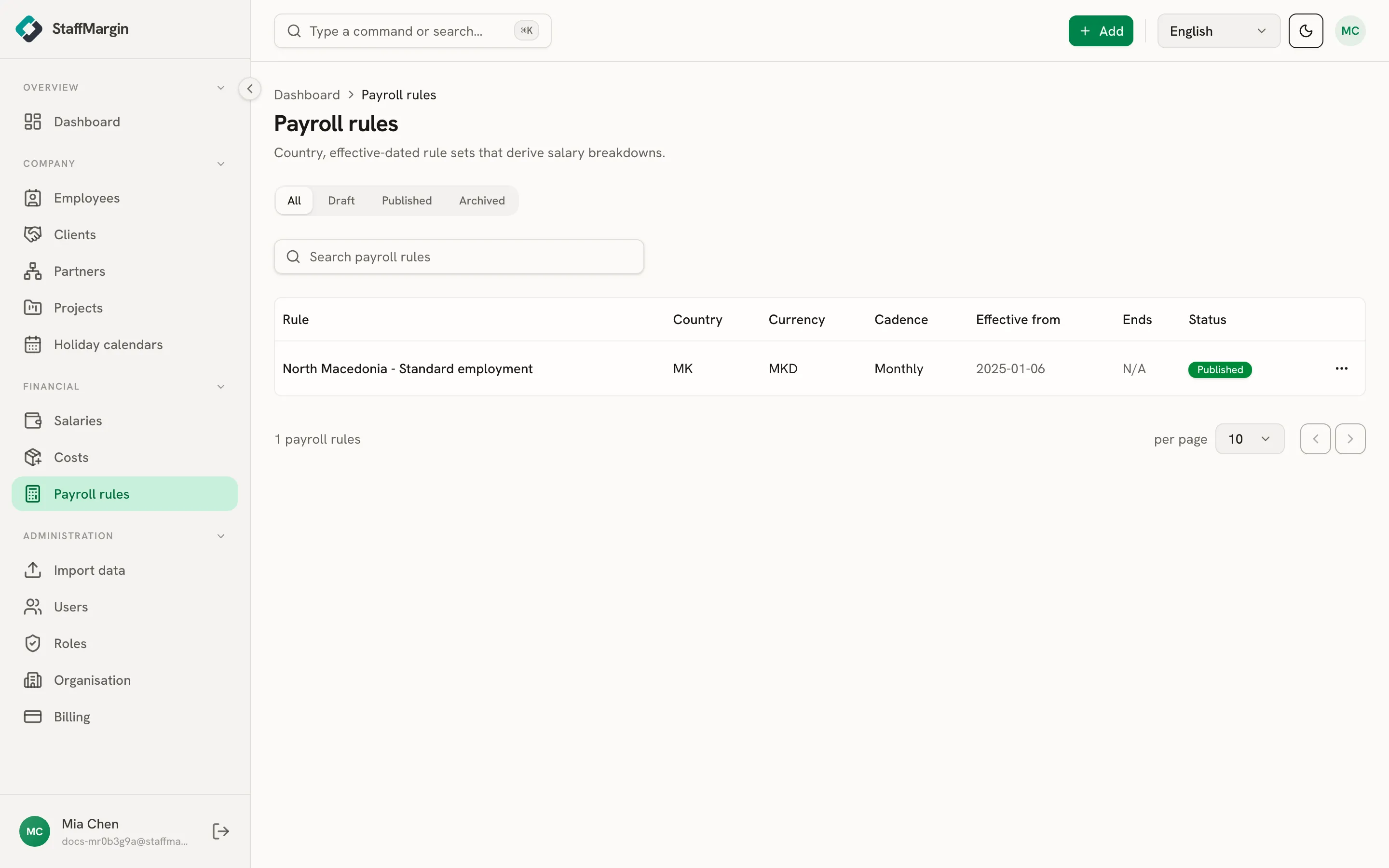 The Payroll rules table showing each rule, its country, currency, effective date and status
