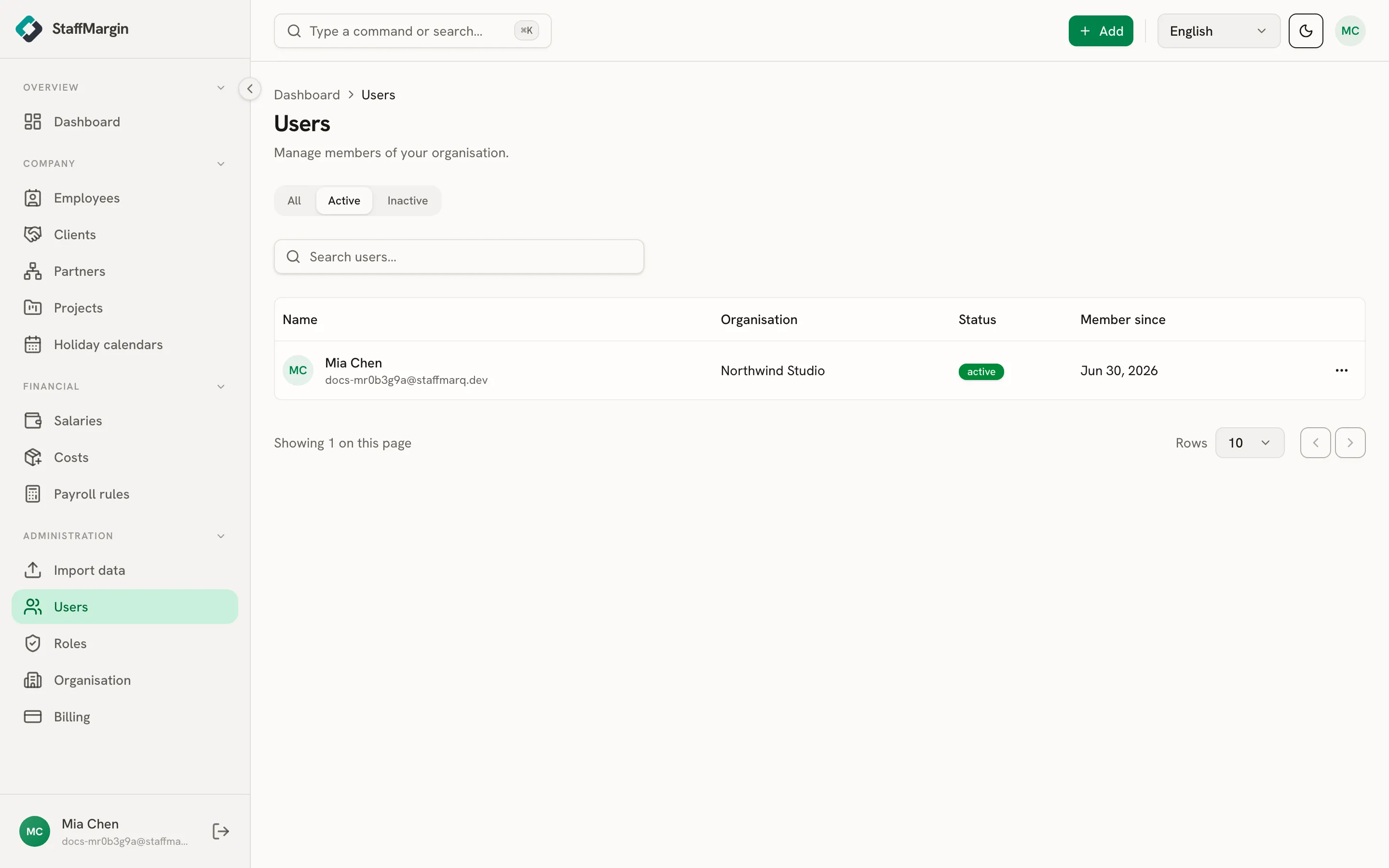 The Users table showing name, status and member since