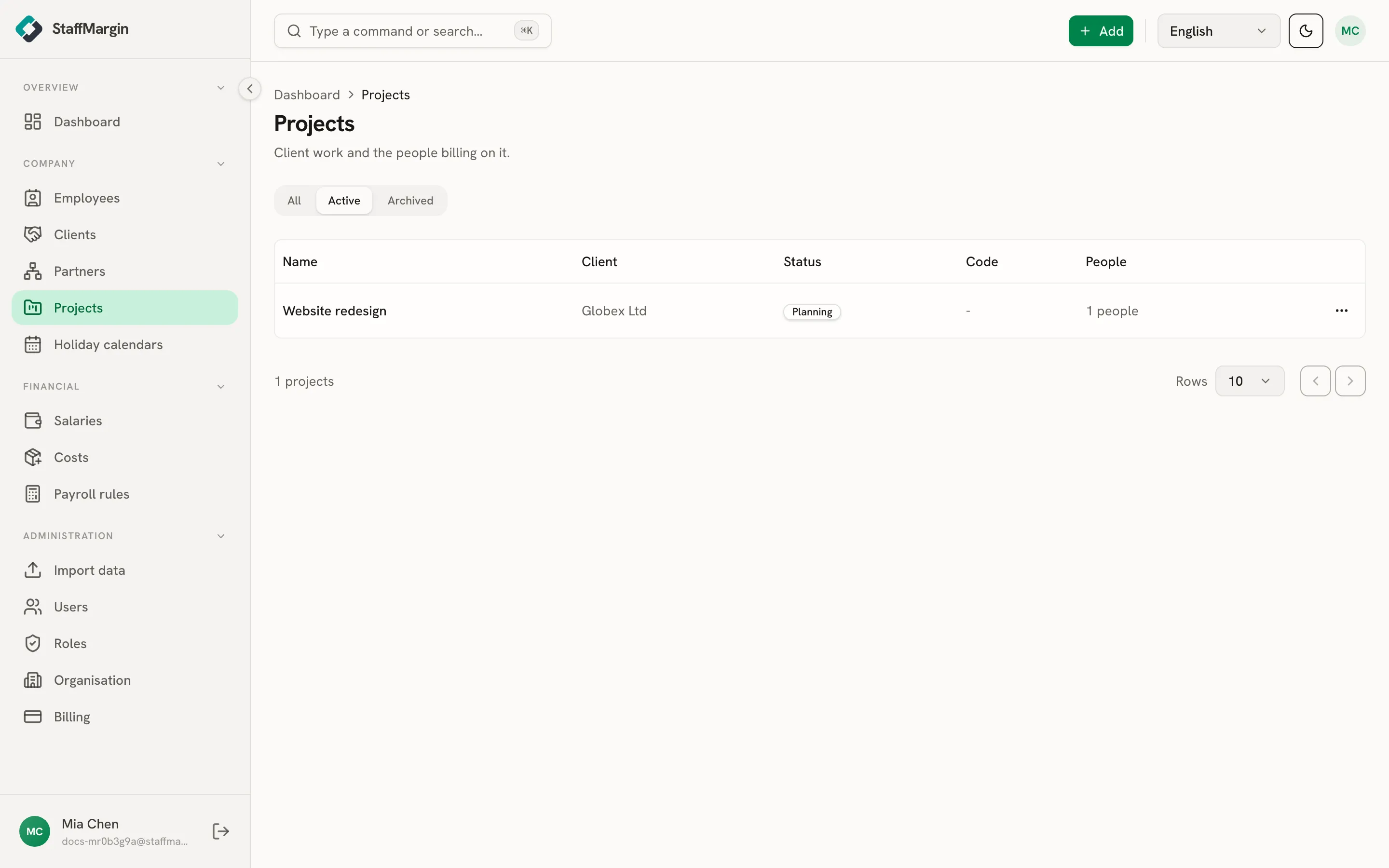 The Projects table showing name, client, status, code and people
