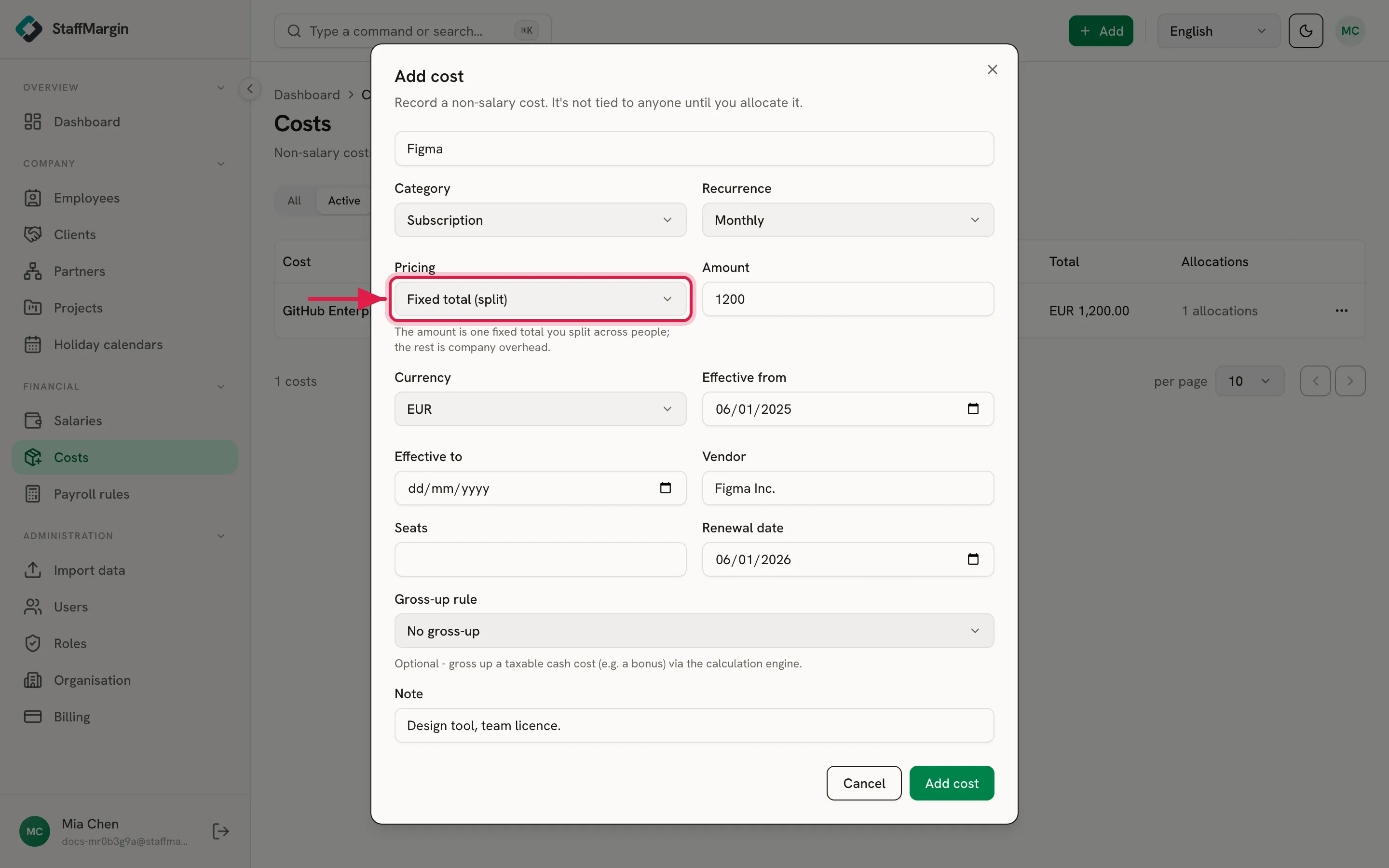 The Add cost dialog with the pricing mode highlighted