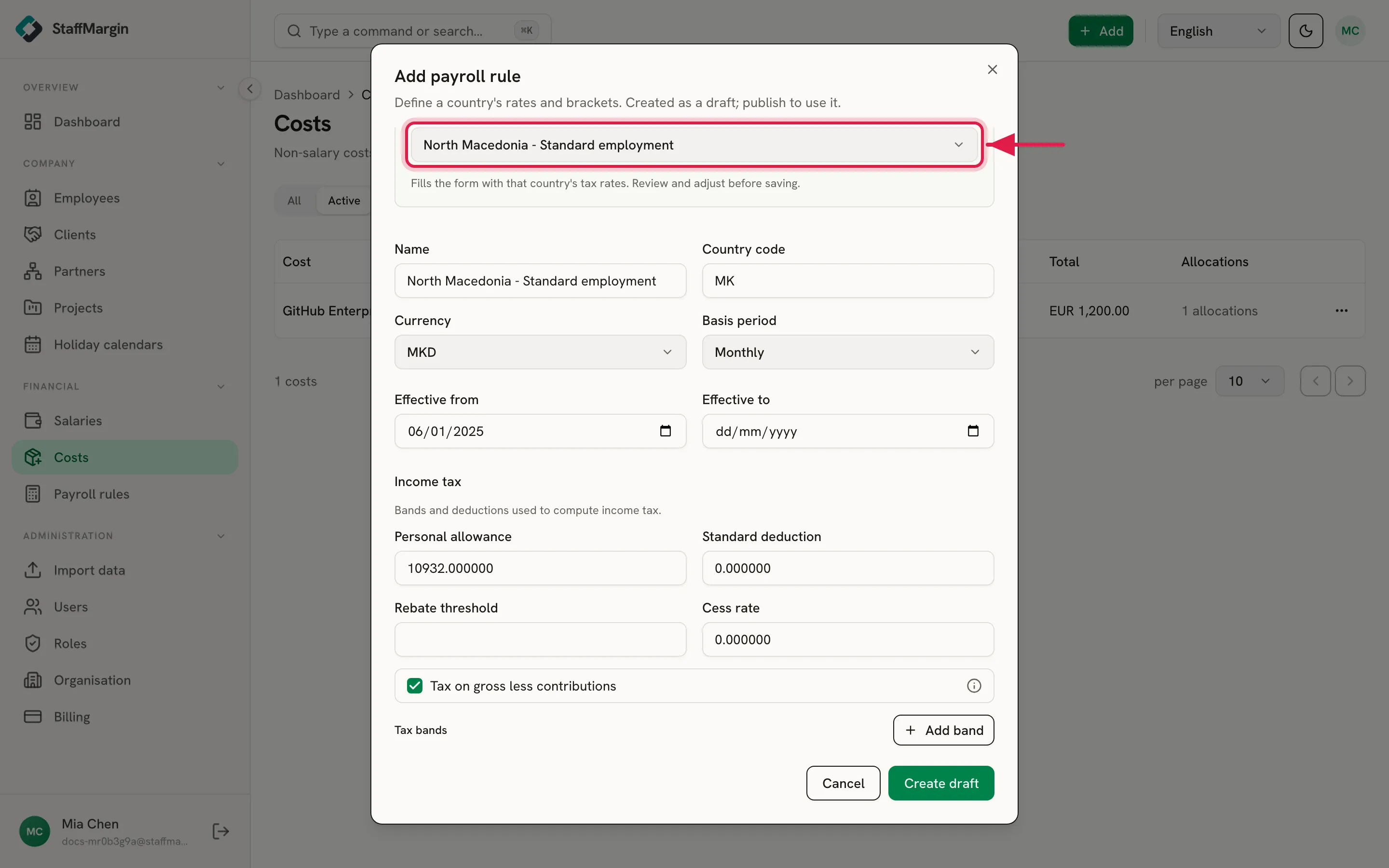 The Add payroll rule dialog with the country prefill highlighted