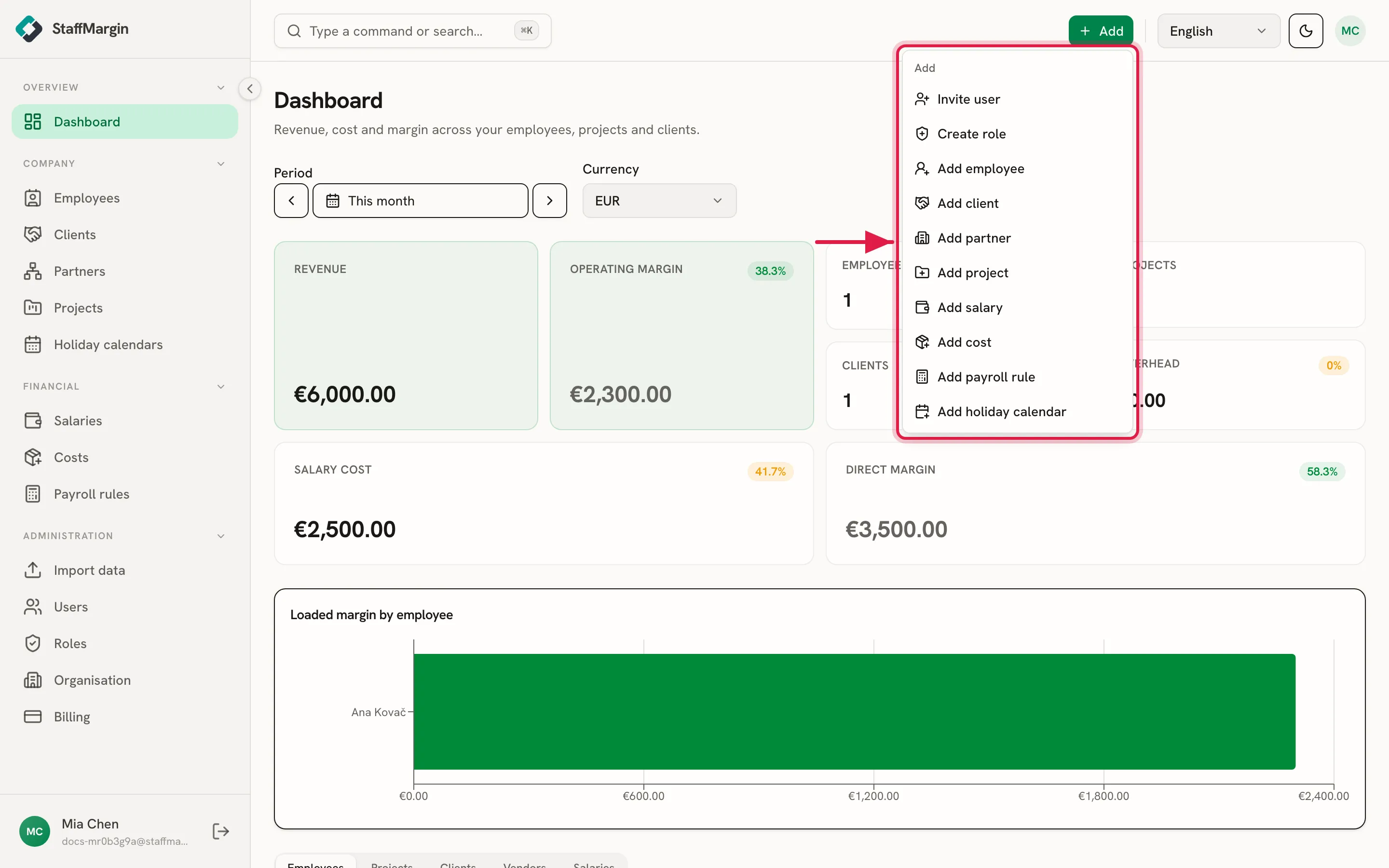The + Add launcher open, listing create actions like Add employee and Add client