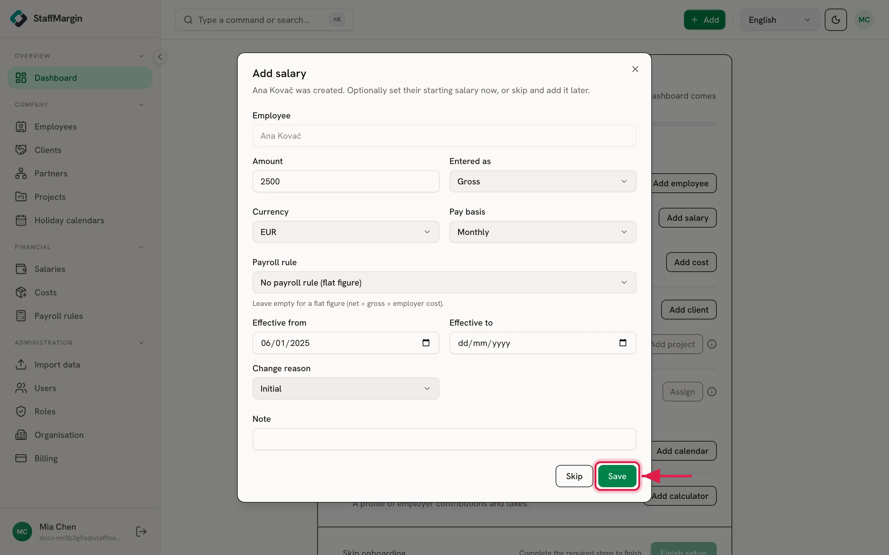 The Add salary step showing the amount, Entered as, currency and pay basis, the Save button highlighted