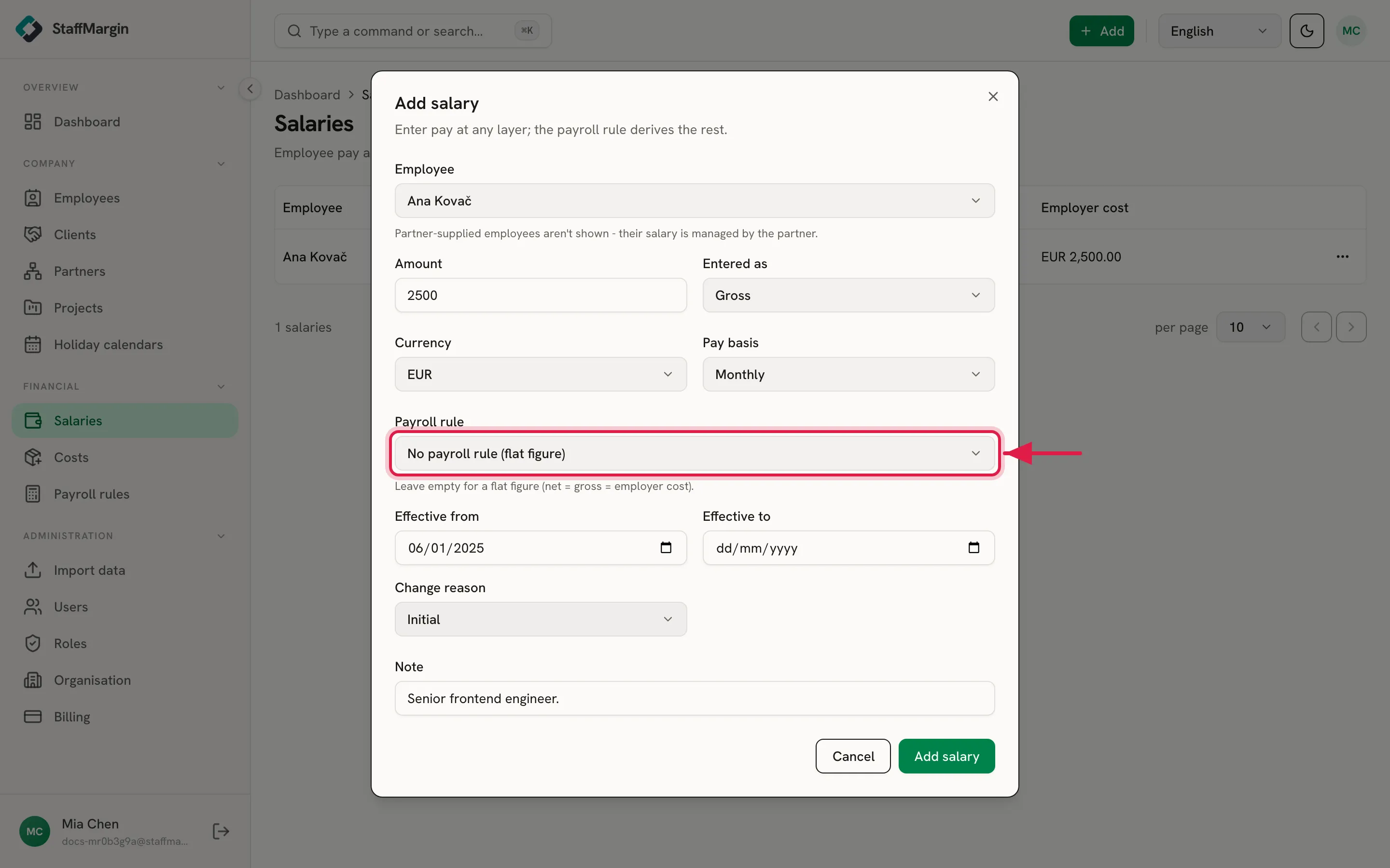 The Add salary dialog with the employee, amount, entered-as layer, currency, pay basis and payroll rule