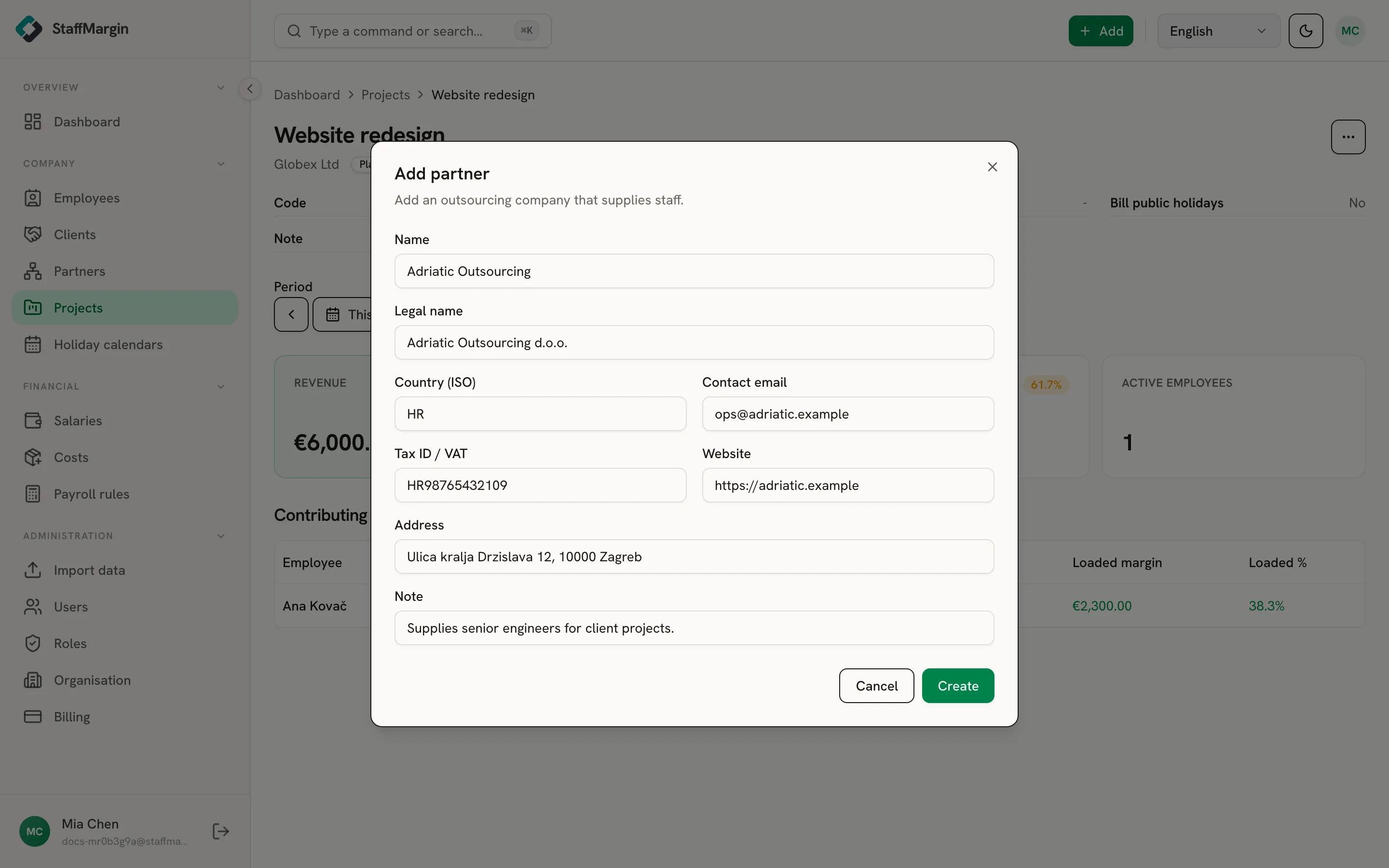 The Add partner dialog with its fields