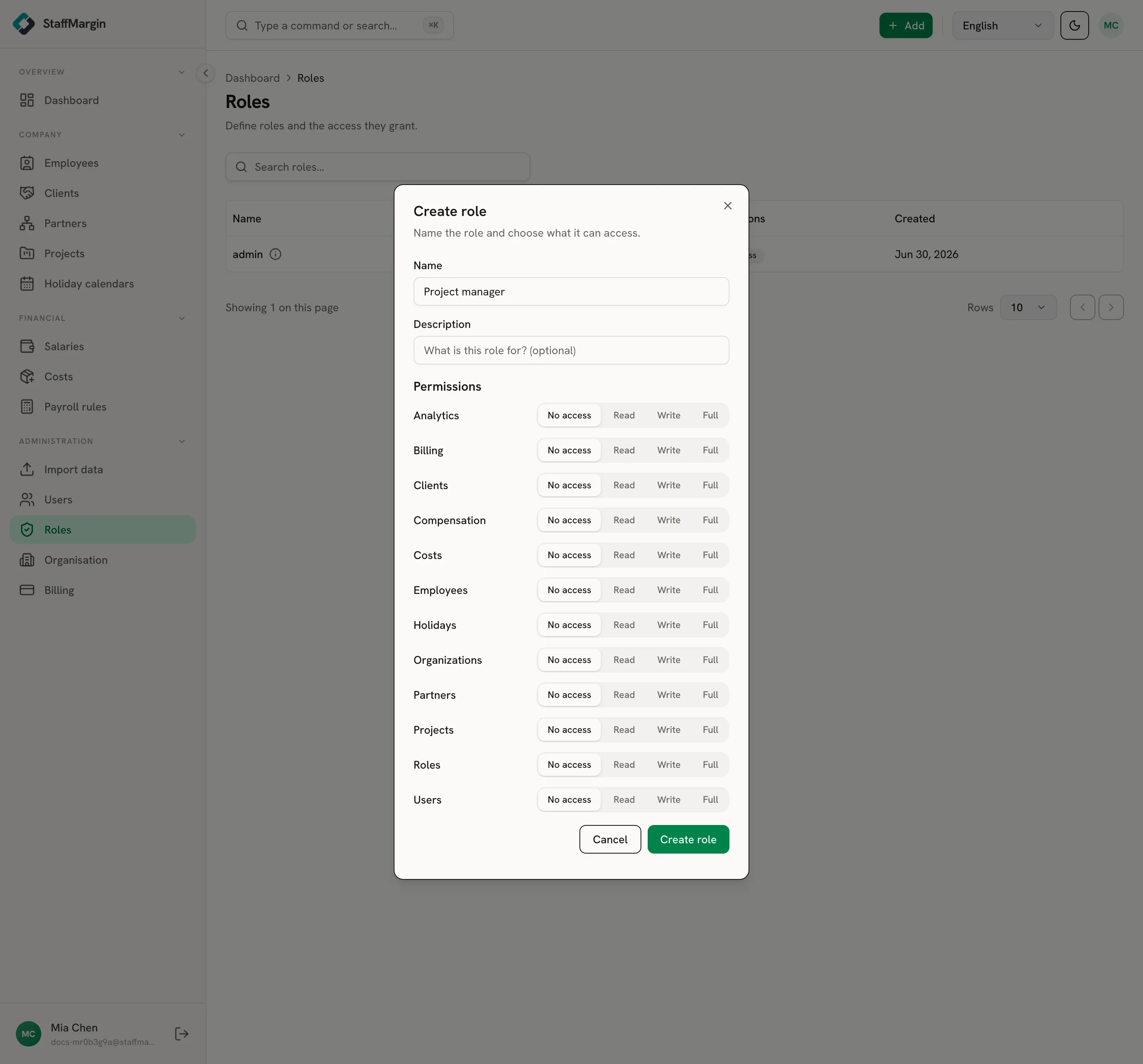 The role builder with a permission level per area