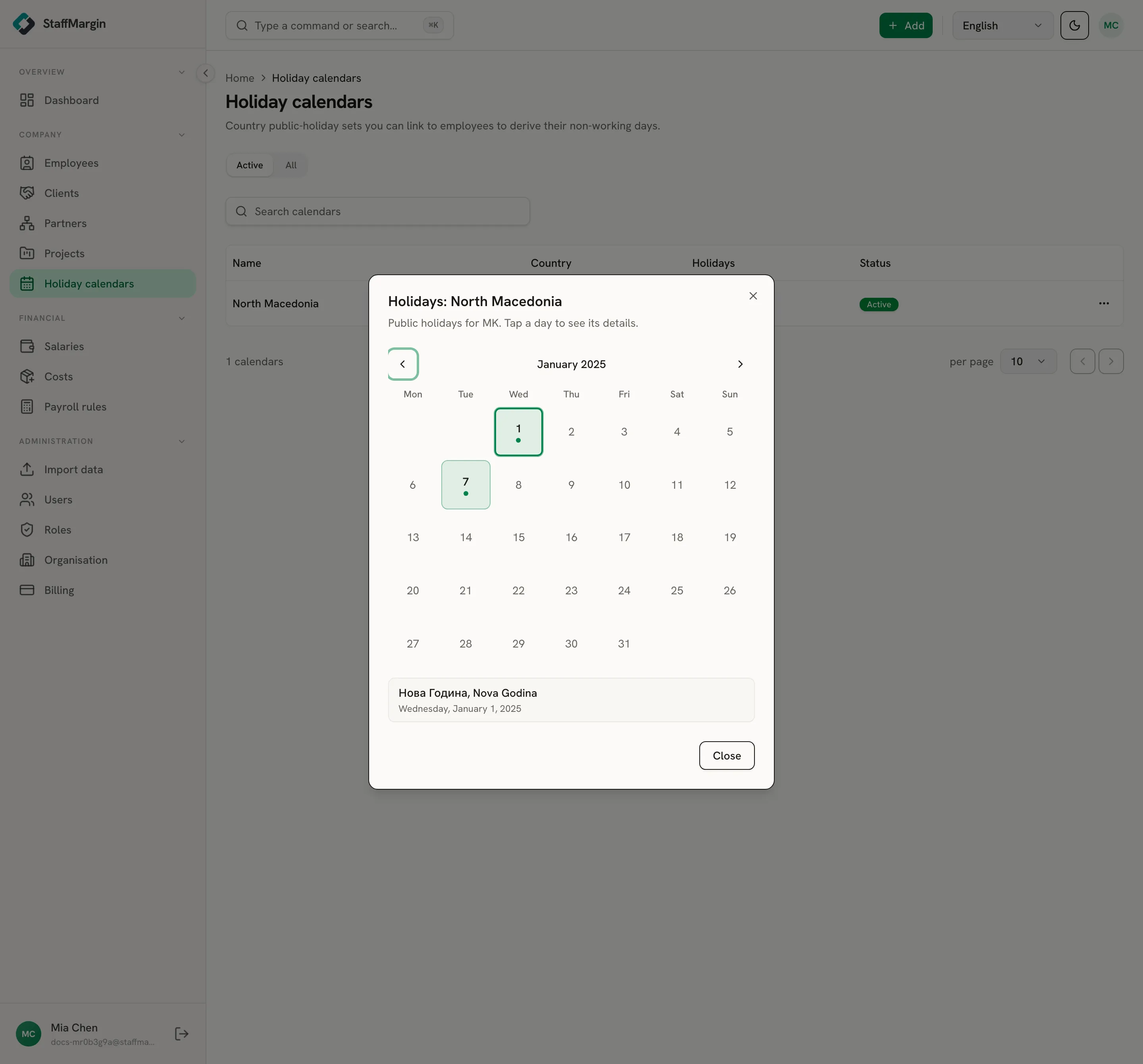 A holiday calendar showing its public holidays on a month grid