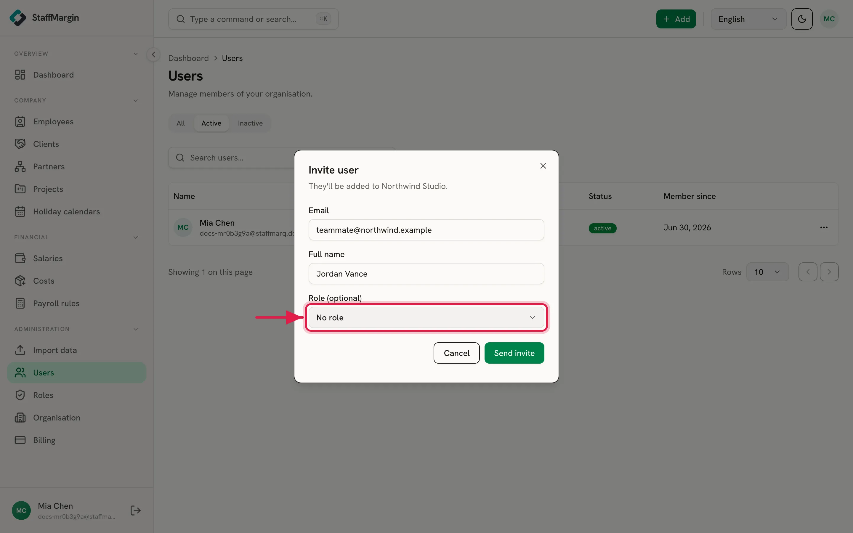 The Invite user dialog with the email and role fields