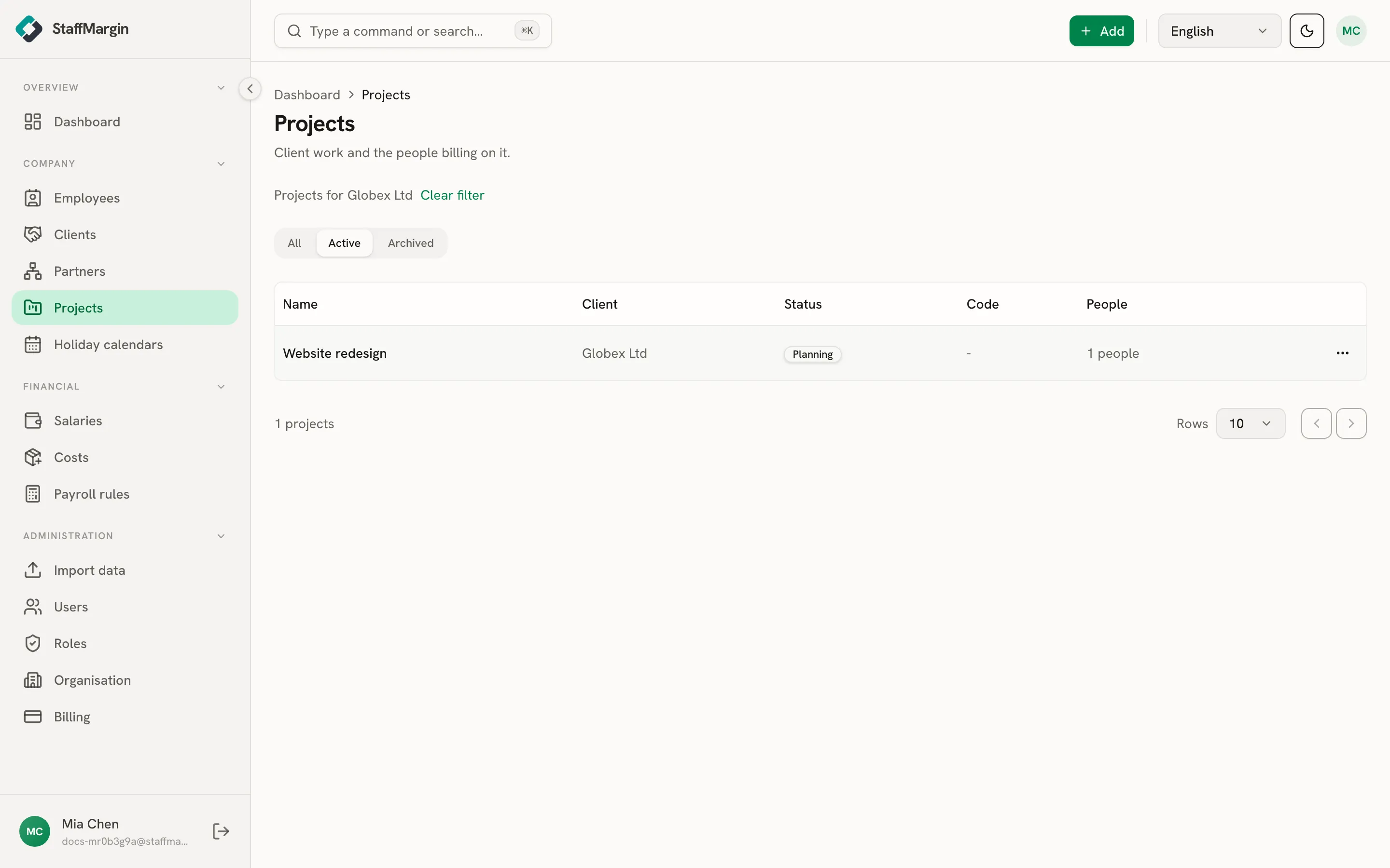 The Projects page filtered to one client, showing its projects