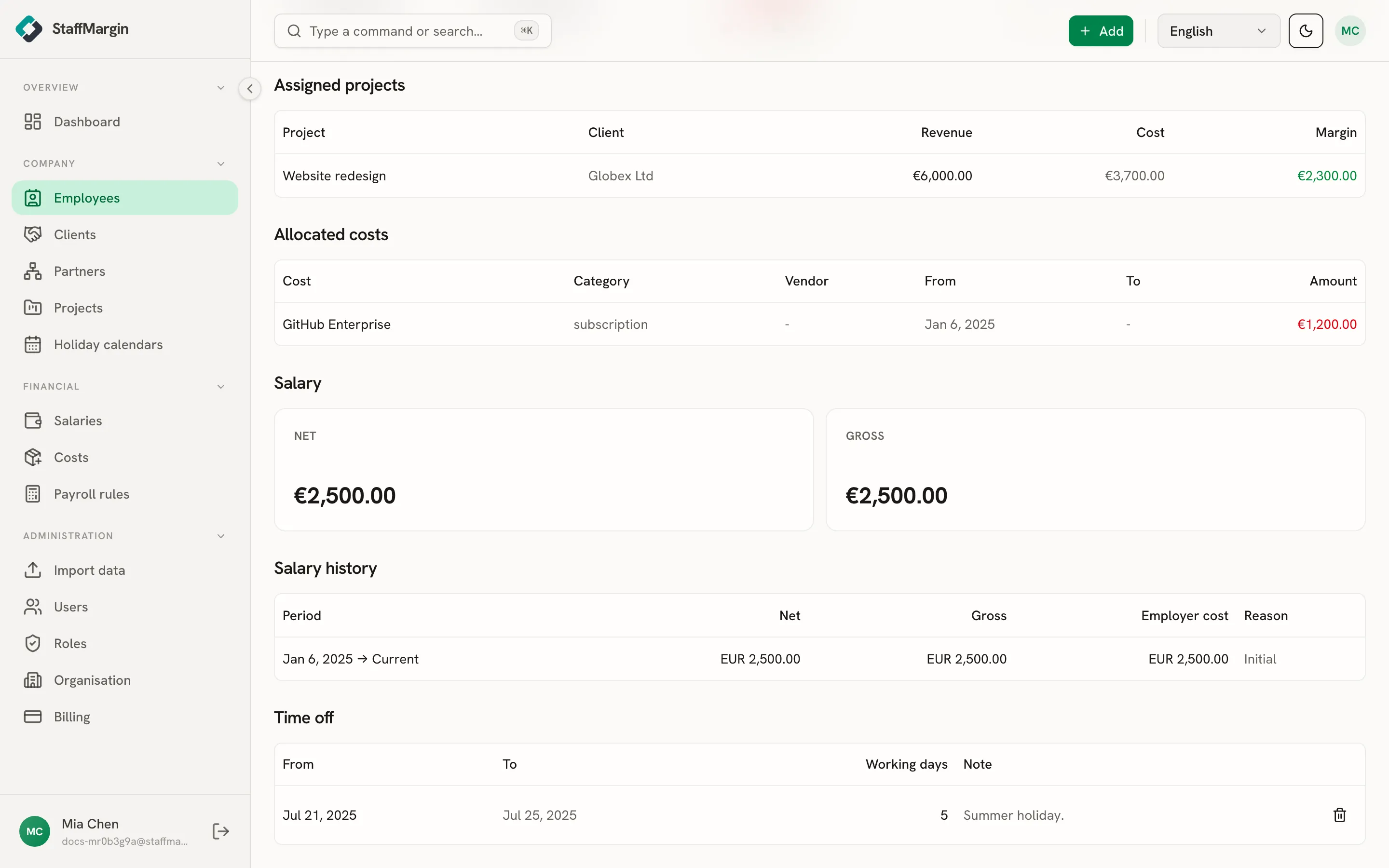 The Time off section on an employee profile showing the range, working days and note