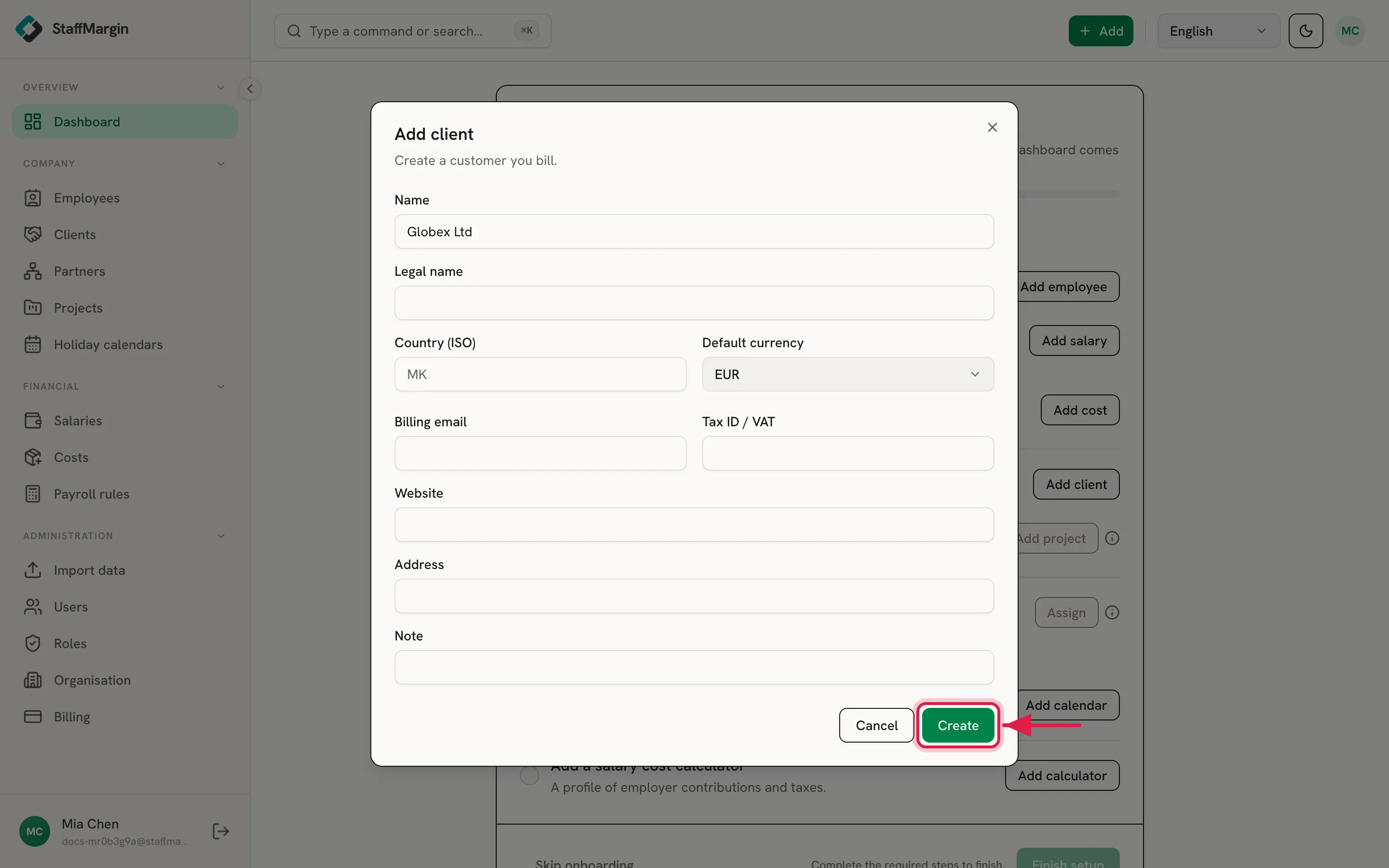 The Add client dialog with a name and default currency, the Create button highlighted