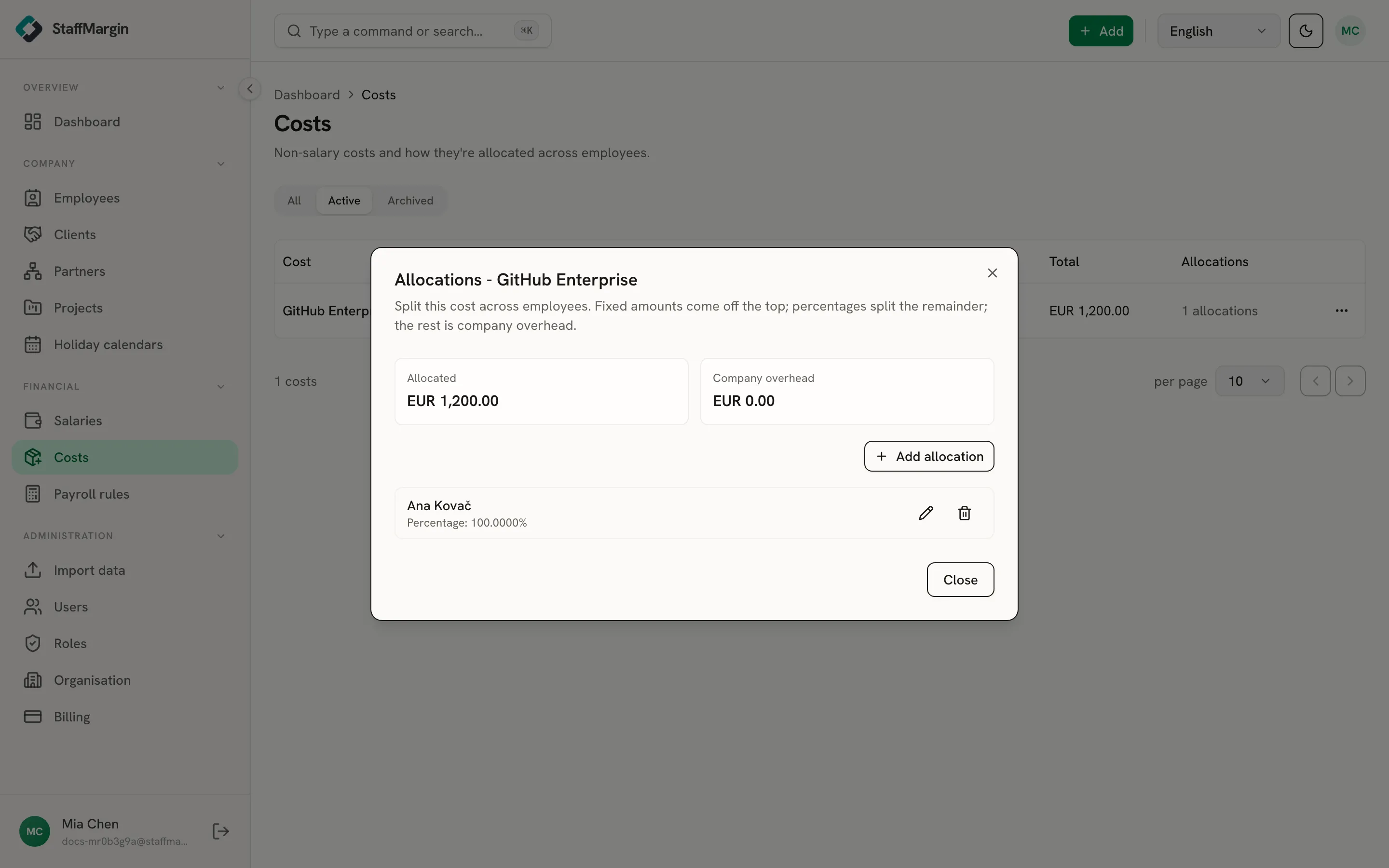 The Manage allocations view showing the split across people and the company overhead