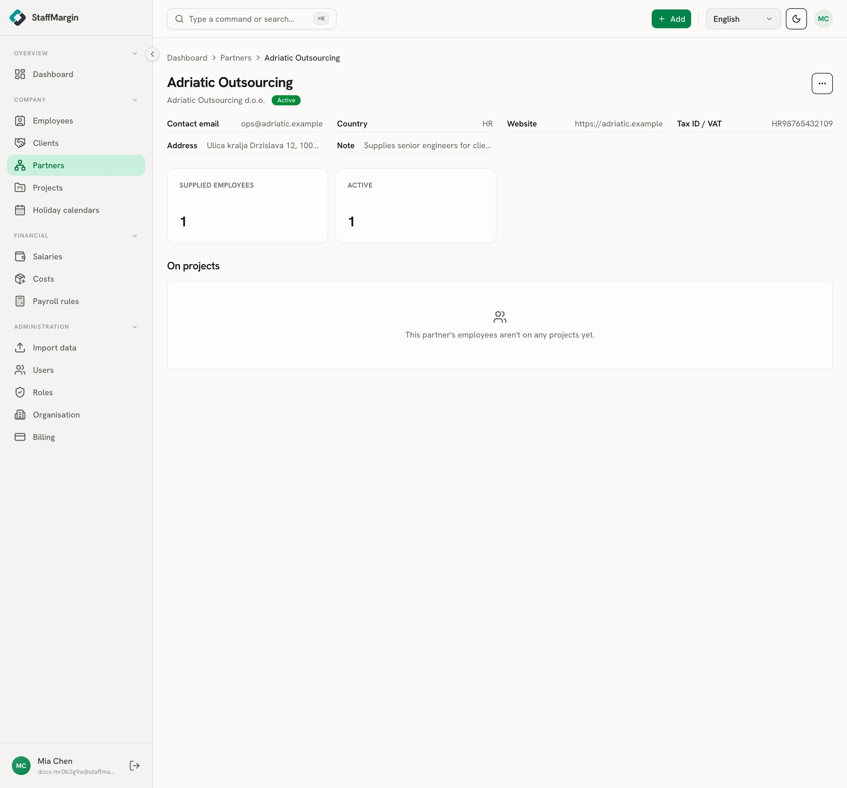 A partner profile with its details, supplied-employee count and the projects its people are on