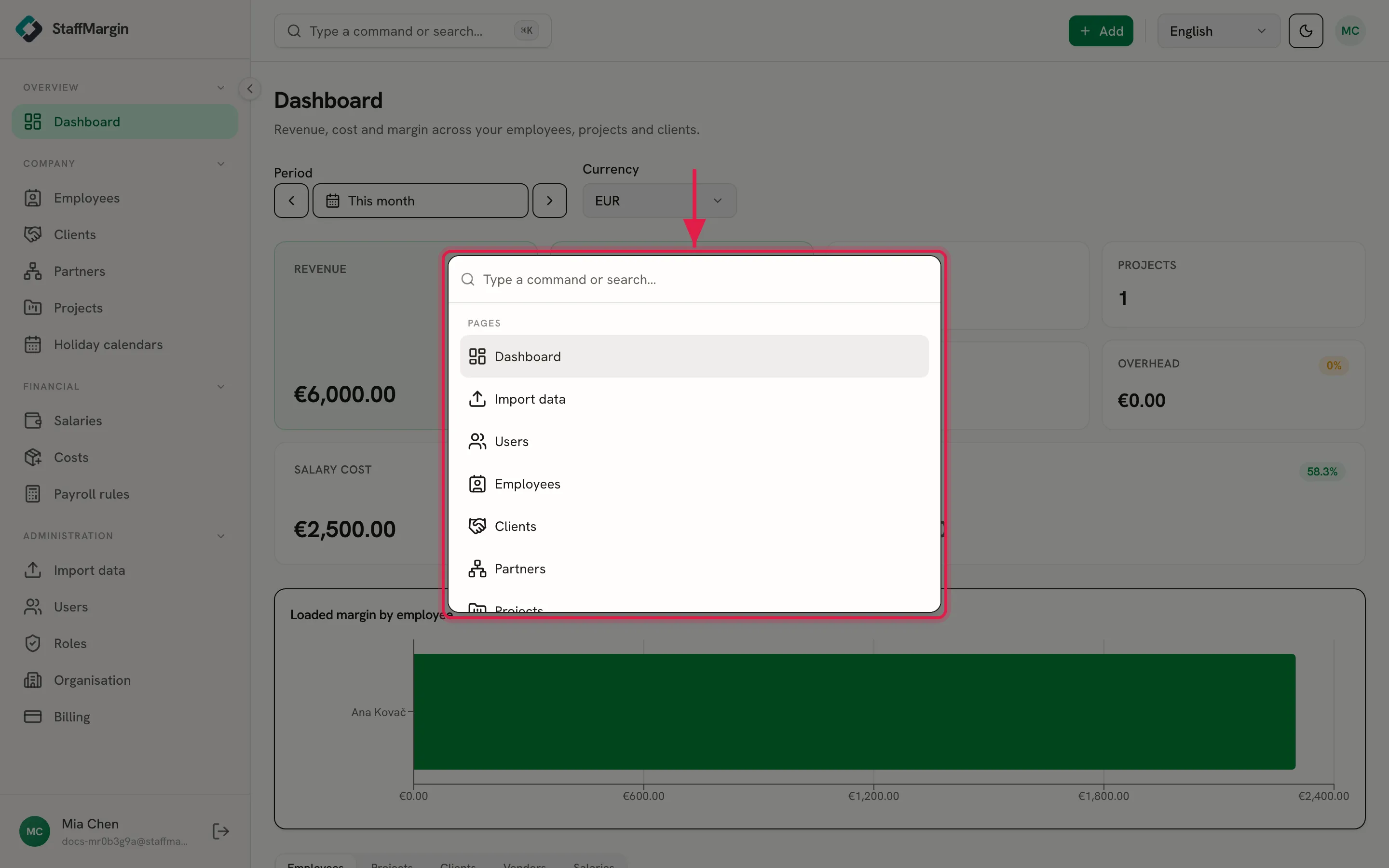 The command palette open over the app, searching pages and actions