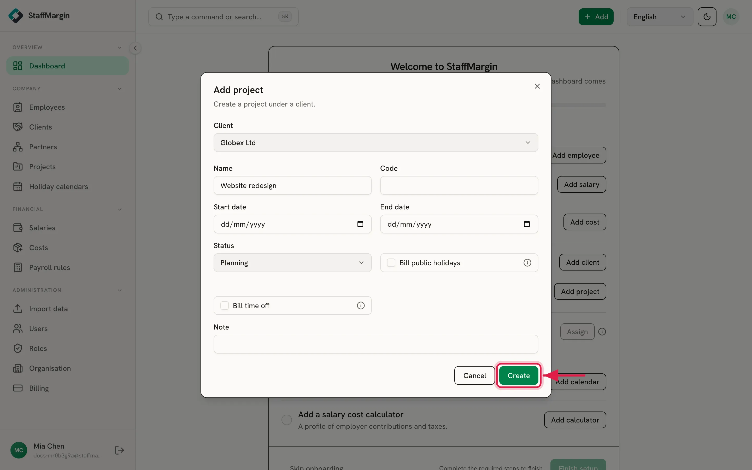 The Add project dialog with the client selected and a project name, the Create button highlighted