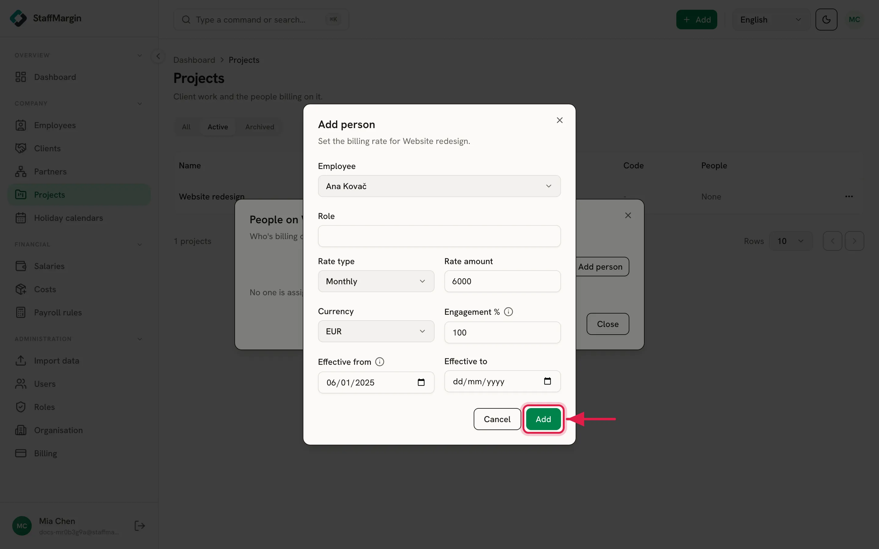 The Add person dialog with the employee, rate type and rate amount, the Add button highlighted