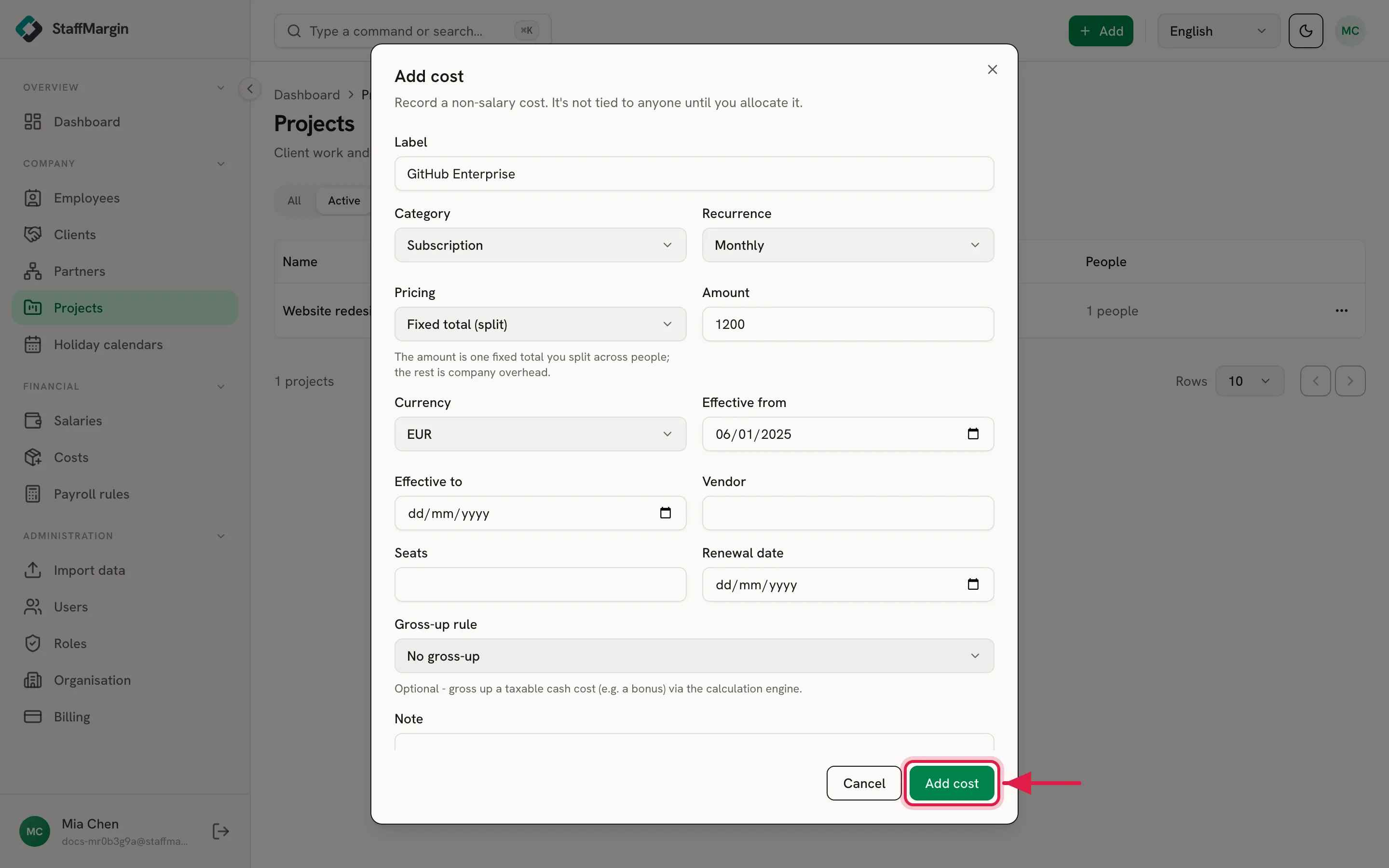 The Add cost dialog with a label, pricing, amount and recurrence, the Add cost button highlighted