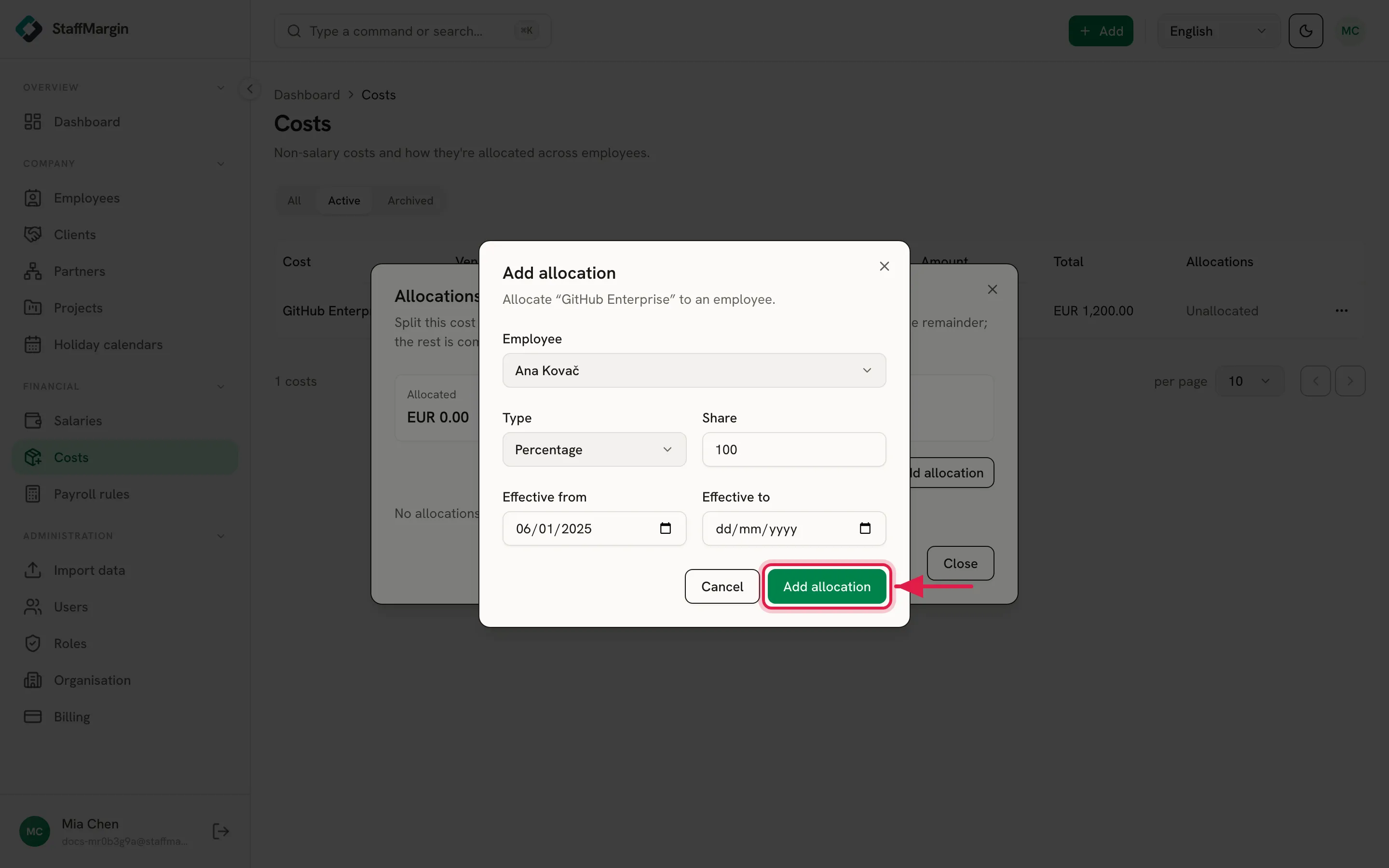 The Add allocation dialog assigning a share of the cost to the employee, the Add allocation button highlighted