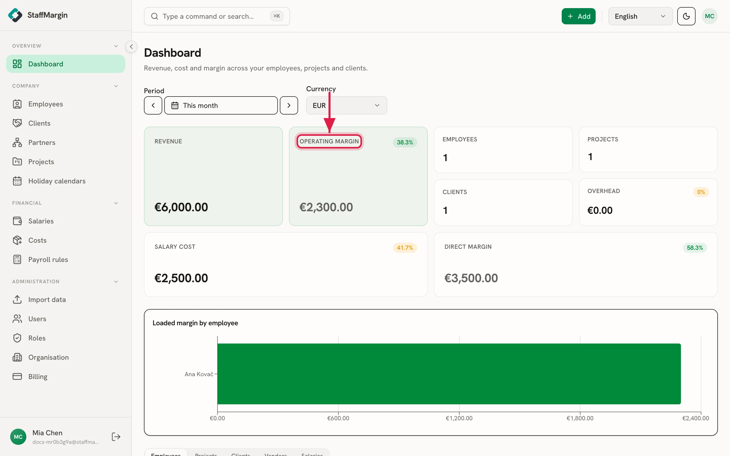 The dashboard with revenue, operating margin and the other summary cards, plus the loaded-margin-by-employee chart
